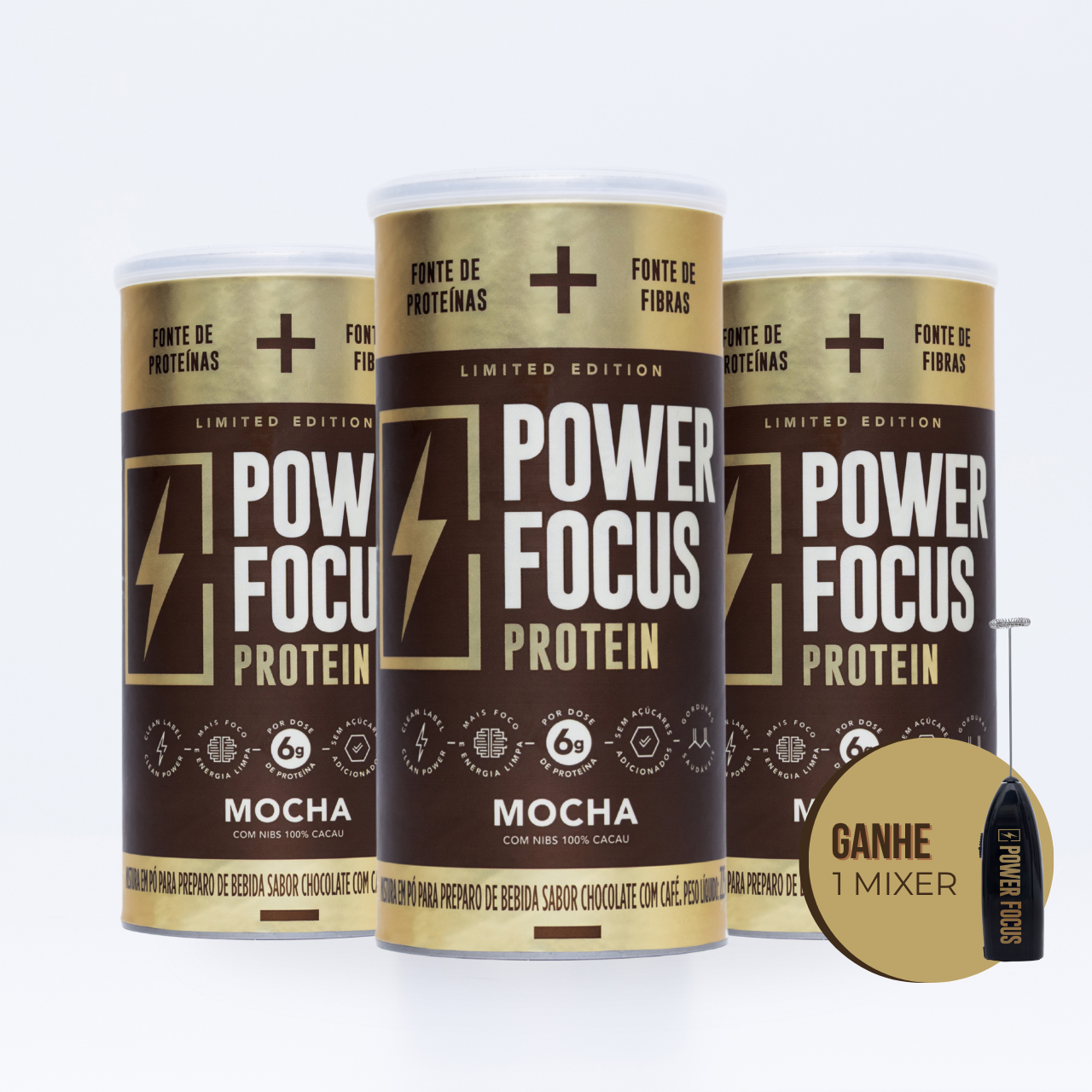 Kit Economic Mocha: 3 latas Power Focus Protein Mocha + 1 Mixer